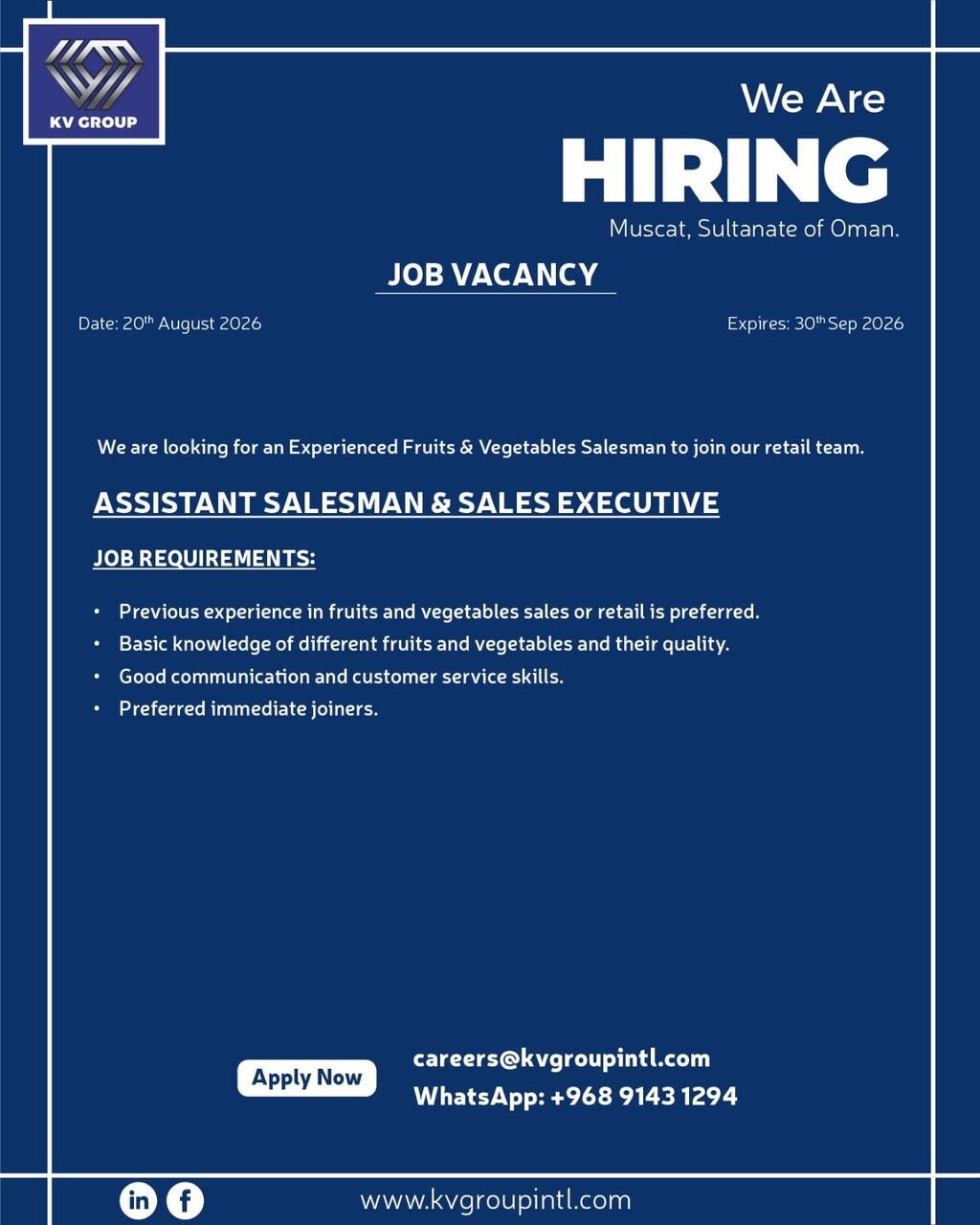 Counter Incharge/Sales/Assistant Salesman( Need Fruits And Vegetables Experience ) photo 1